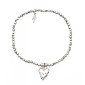 Sterling Silver Rhodium Plated Beaded Double Heart Bracelet ERLB029 Ania Haie Jewellery