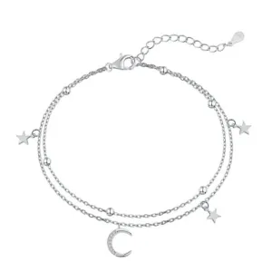 Sterling Silver Rhodium Plated Moon And Stars Charm Bracelet ERLB019 Ania Haie Jewellery
