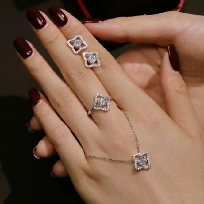 Sterling Silver Rhodium Plated Sparkling Zirconia Lucky 4 Leaf Ring ERLR009 Ania Haie Jewellery