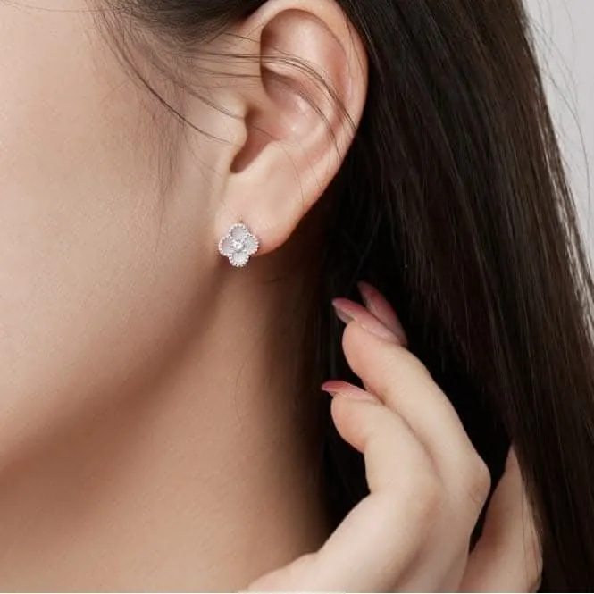 Sterling Silver Rhodium Plated White Lucky 4 Leaf Earrings ERLE079 Ania Haie Jewellery