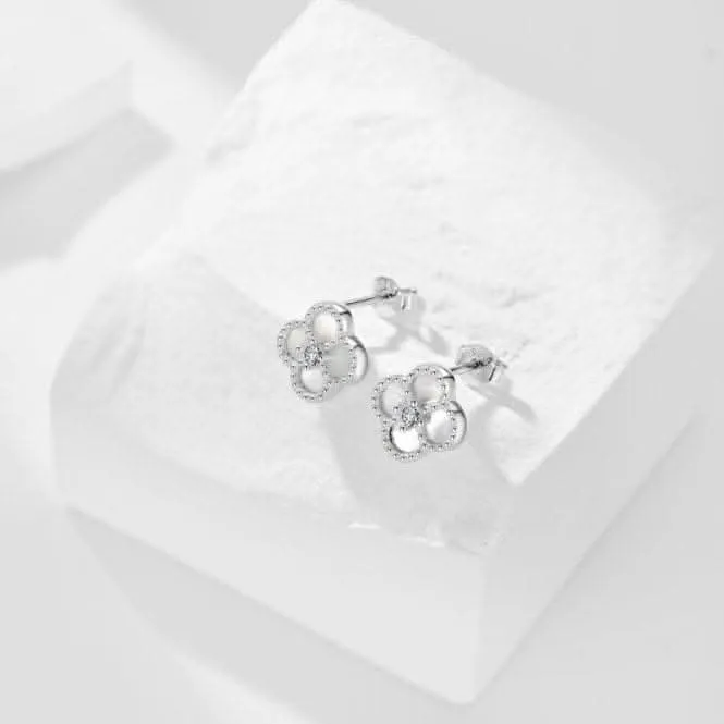 Sterling Silver Rhodium Plated White Lucky 4 Leaf Earrings ERLE079 Ania Haie Jewellery