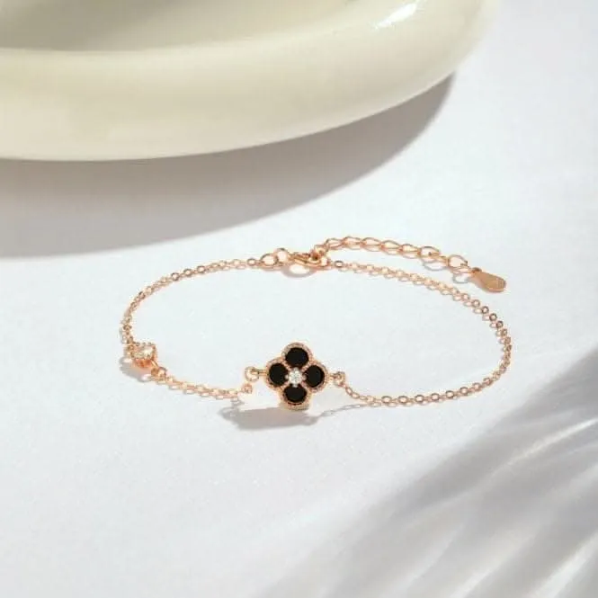 Sterling Silver Rose Gold Plated Black Lucky 4 Leaf Bracelet ERLB042 Ania Haie Jewellery