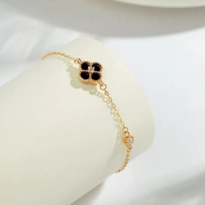 Sterling Silver Rose Gold Plated Black Lucky 4 Leaf Bracelet ERLB042 Ania Haie Jewellery