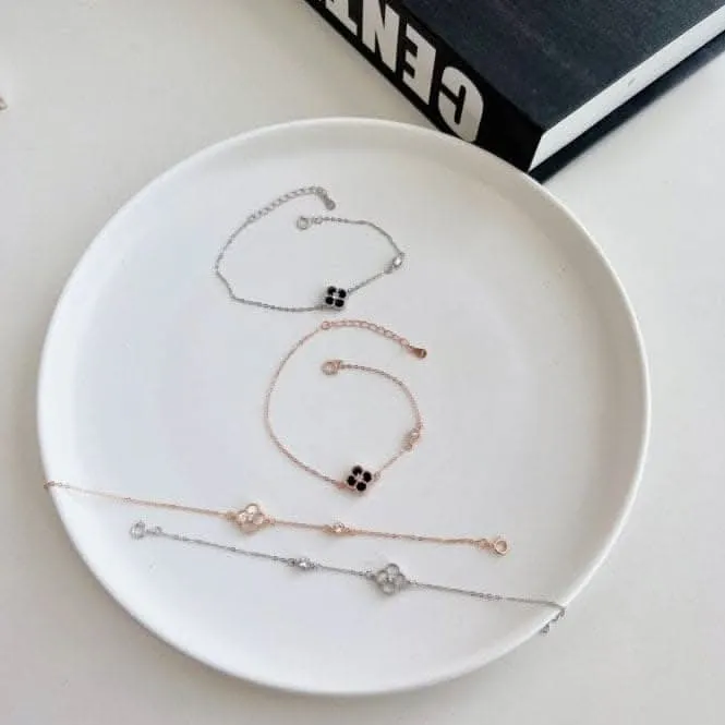 Sterling Silver Rose Gold Plated Black Lucky 4 Leaf Bracelet ERLB042 Ania Haie Jewellery