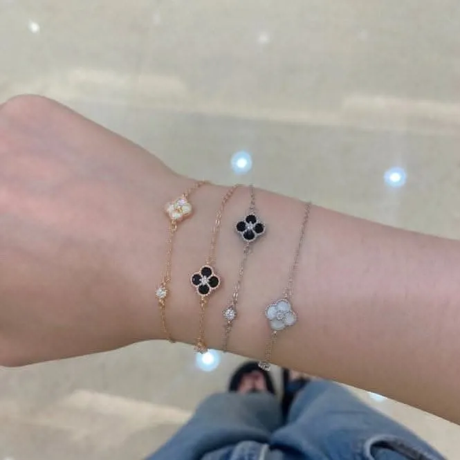 Sterling Silver Rose Gold Plated Black Lucky 4 Leaf Bracelet ERLB042 Ania Haie Jewellery