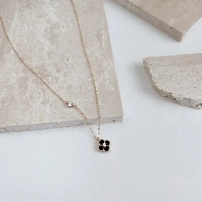 Sterling Silver Rose Gold Plated Black Lucky 4 Leaf Necklace ERLN031 Ania Haie Jewellery
