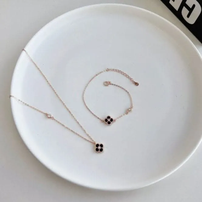 Sterling Silver Rose Gold Plated Black Lucky 4 Leaf Necklace ERLN031 Ania Haie Jewellery