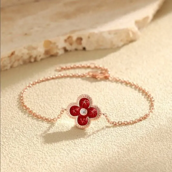 Sterling Silver Rose Gold Plated Red Lucky 4 Leaf Bracelet ERLB041 Ania Haie Jewellery