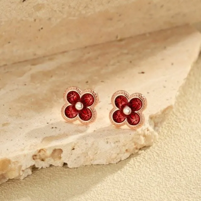 Sterling Silver Rose Gold Plated Red Lucky 4 Leaf Earrings ERLE077 Ania Haie Jewellery