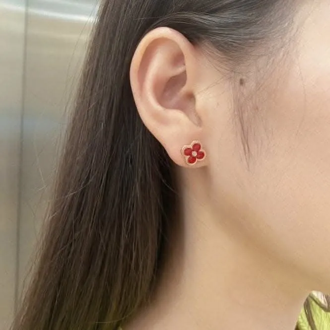 Sterling Silver Rose Gold Plated Red Lucky 4 Leaf Earrings ERLE077 Ania Haie Jewellery