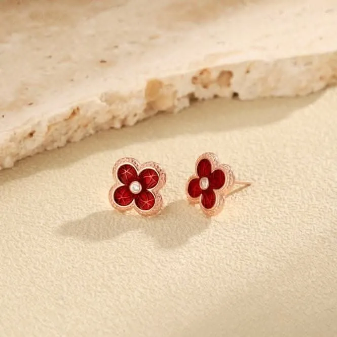 Sterling Silver Rose Gold Plated Red Lucky 4 Leaf Earrings ERLE077 Ania Haie Jewellery