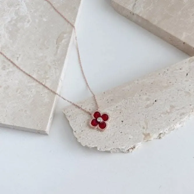 Sterling Silver Rose Gold Plated Red Lucky 4 Leaf Necklace ERLN030 Ania Haie Jewellery