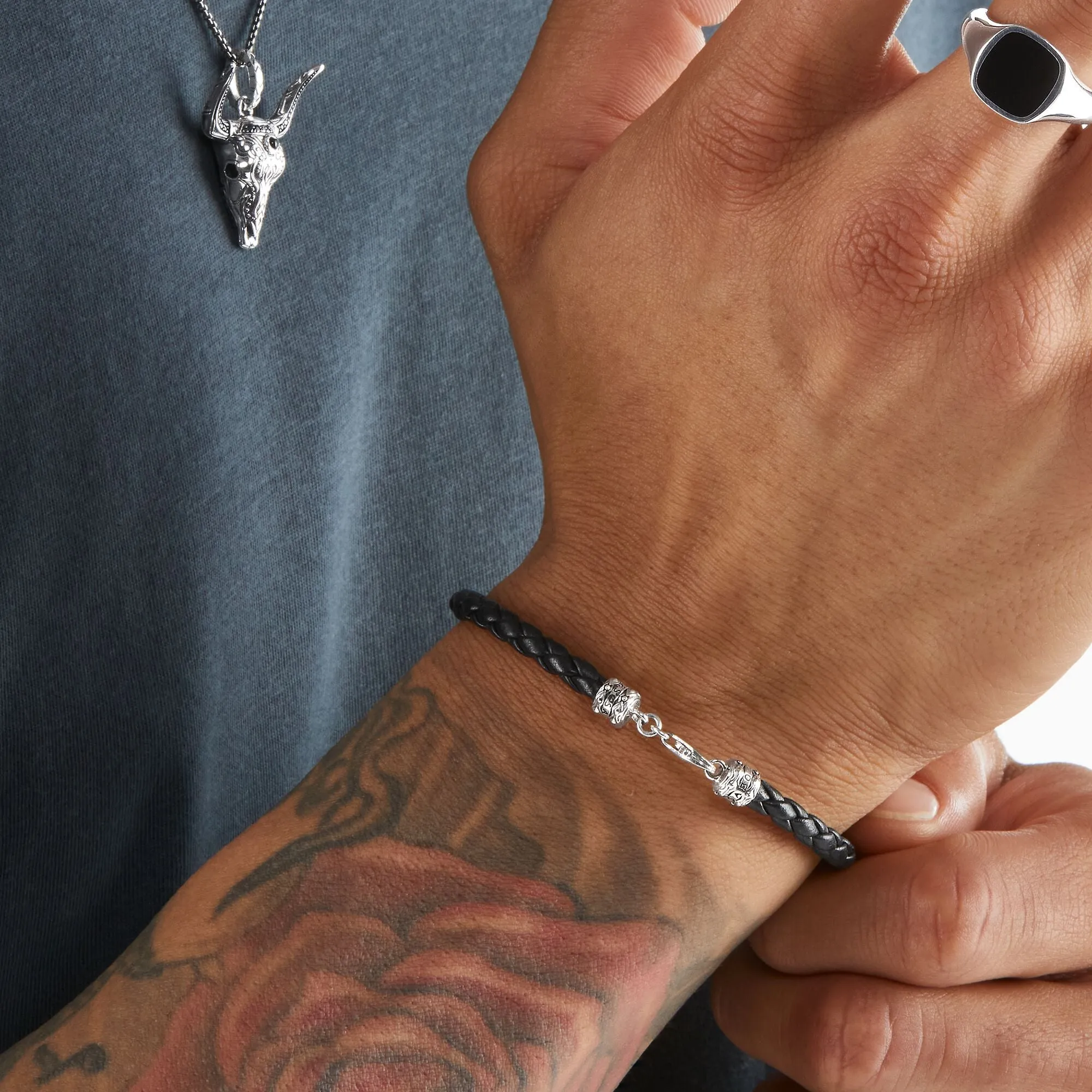 Thomas Sabo Jewellery Thomas Sabo Sterling Silver Leather Black Bracelet 19cm