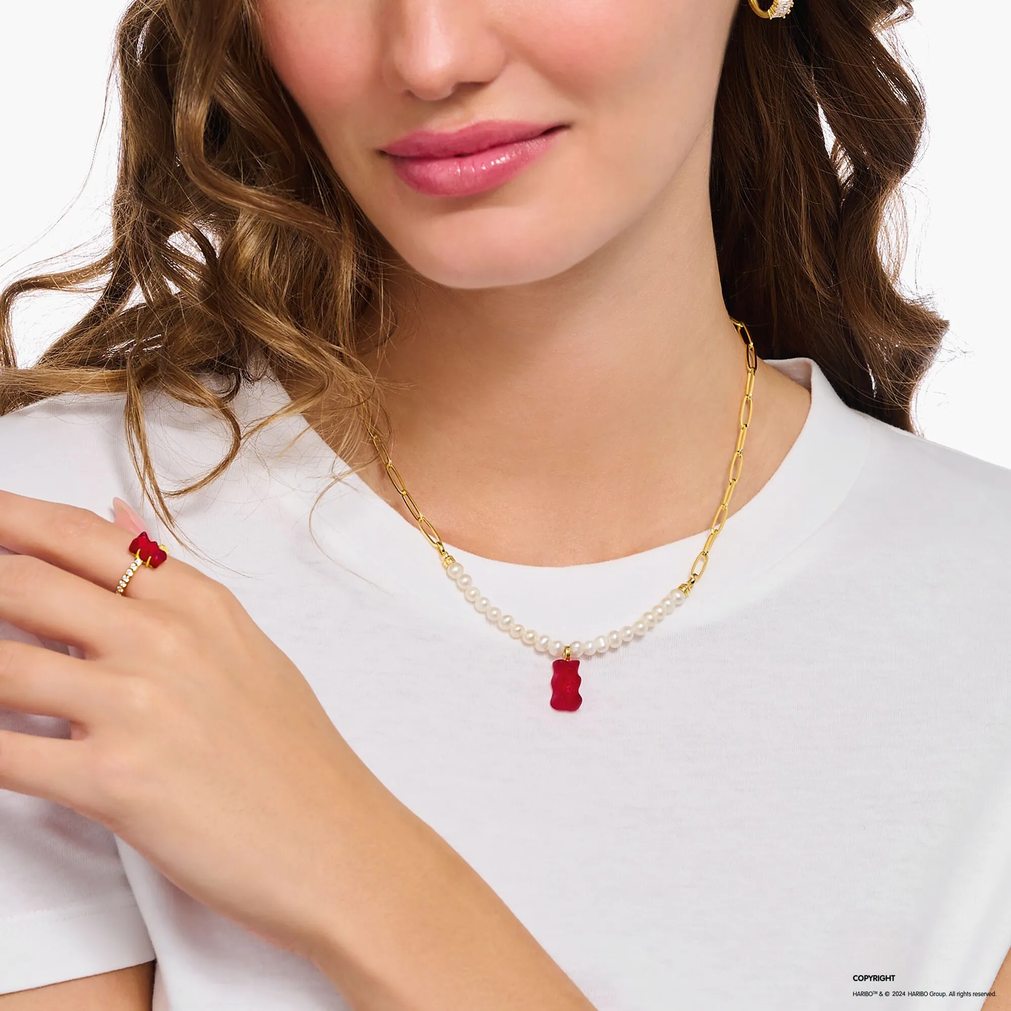Thomas Sabo Womens Necklaces Link necklace with red goldbears & freshwater pearls