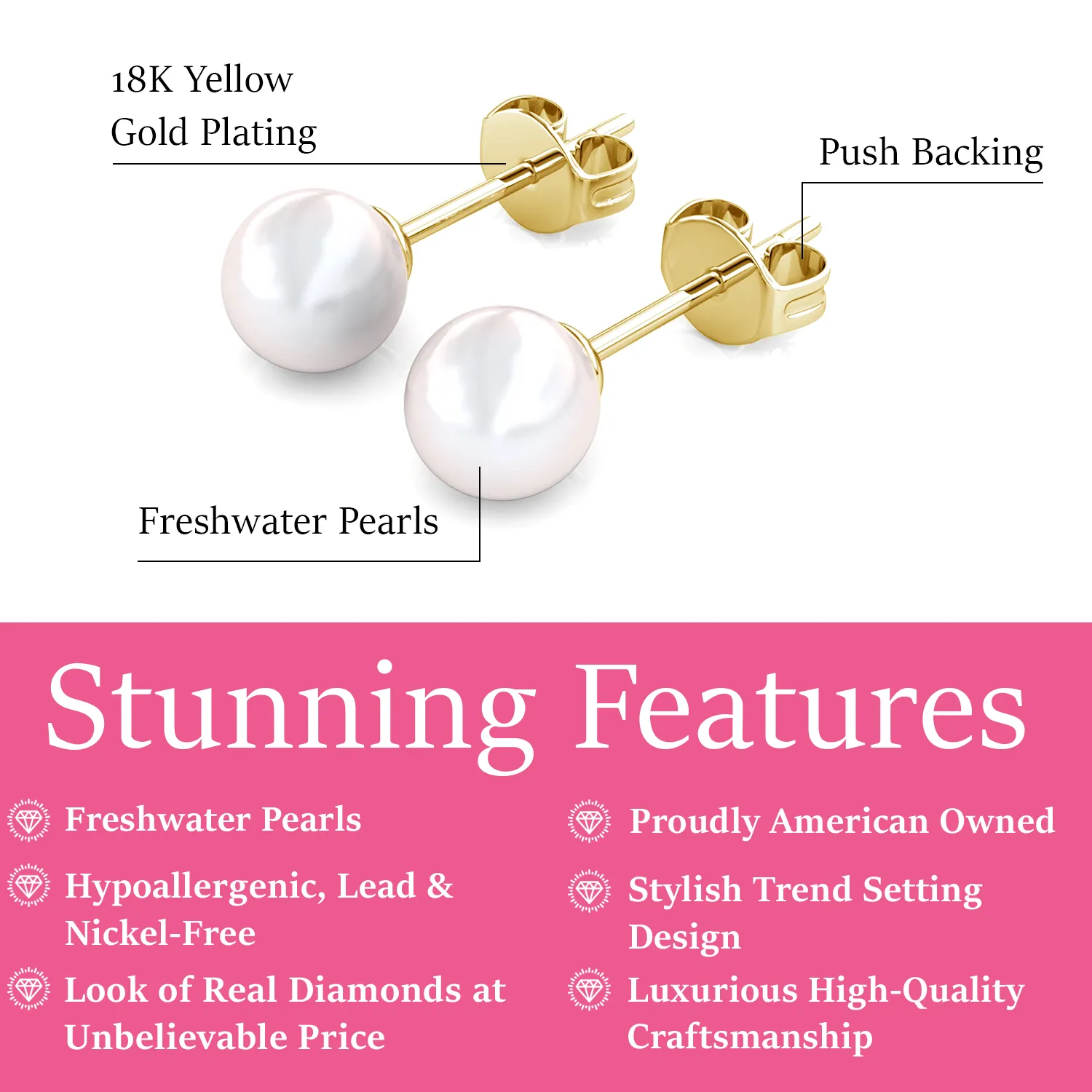 Vivienne 18k White Gold Plated Stud Earrings with Shell Pearls
