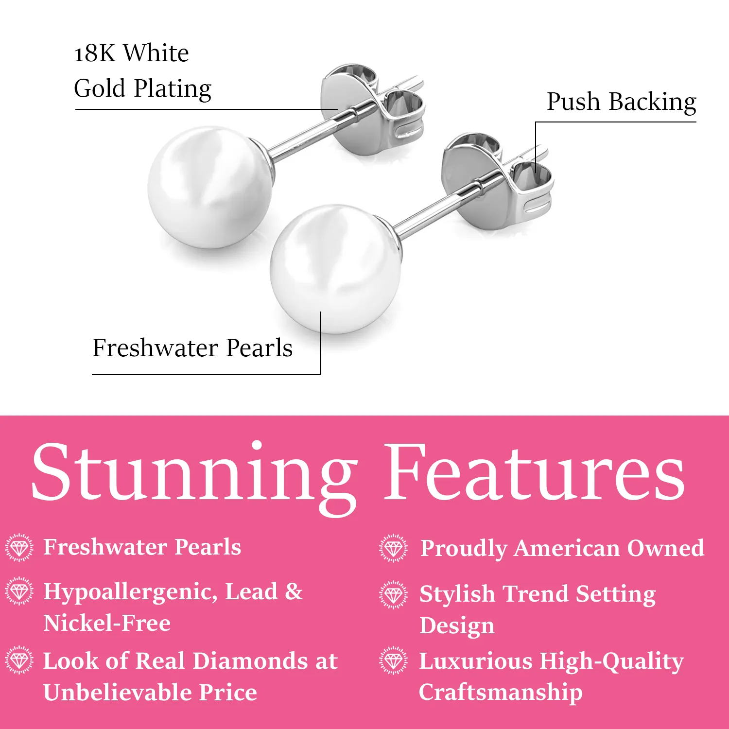 Vivienne 18k White Gold Plated Stud Earrings with Shell Pearls